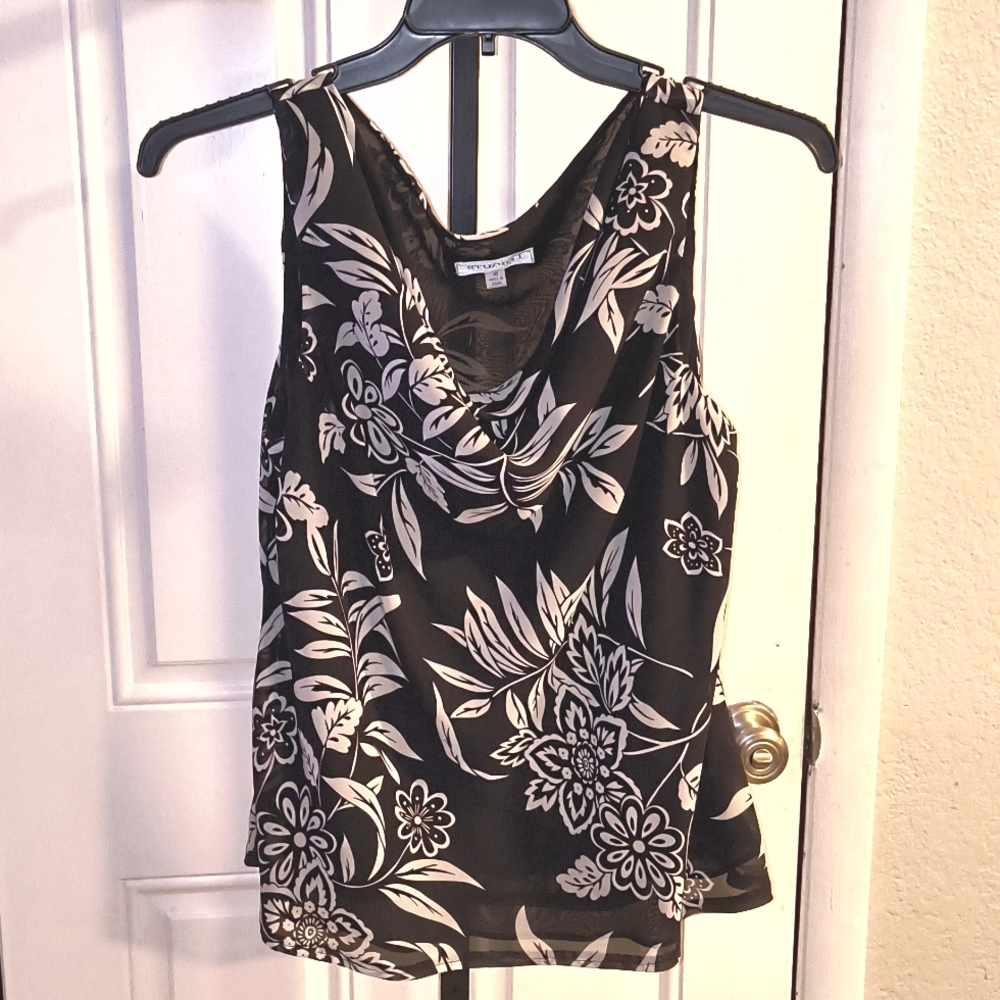 STUDIO I Black White Silky Floral Print Cowl-Neck Blouse Size 18 MINT